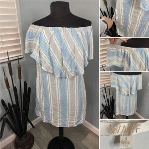 WAYF Women's Size S Blue and White Stripe Side Pocket Cold Shoulder Dress
